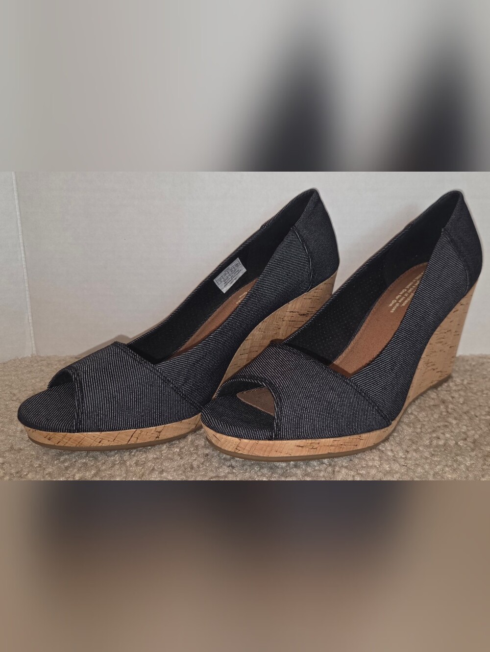TOMS Dark Blue Denim Cork Peep Toe Wedge Pumps Size 9